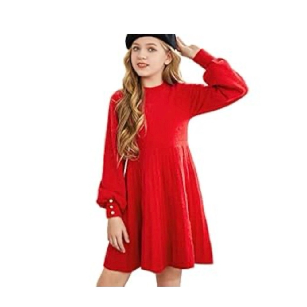 Arshiner Girls red Sweater Dress with lantern sleeves and pleated Twirl skirt - Picture 7 of 7